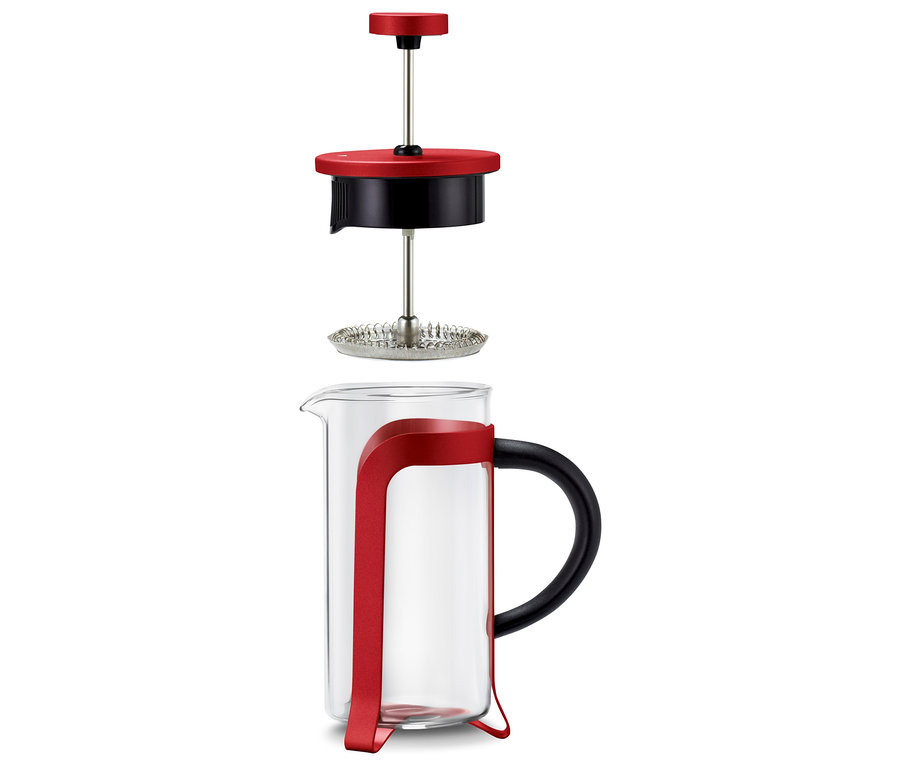 Une cafetière à piston rouge de 300 ml pour 2 tasses, démontée.