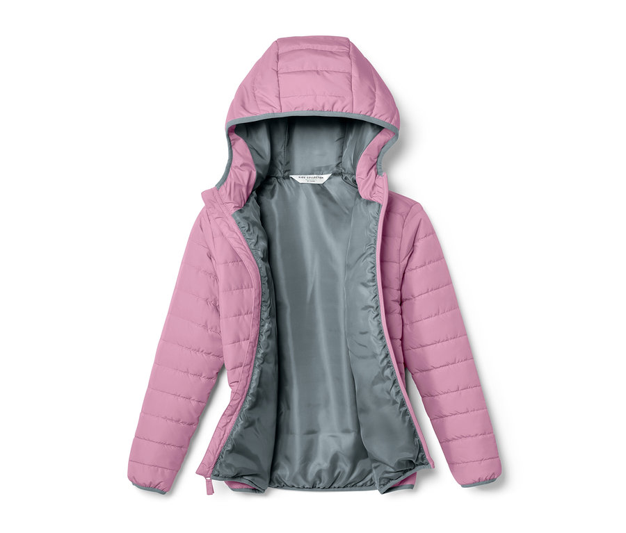 Veste matelassée ouverte violette pour enfant avec capuche.