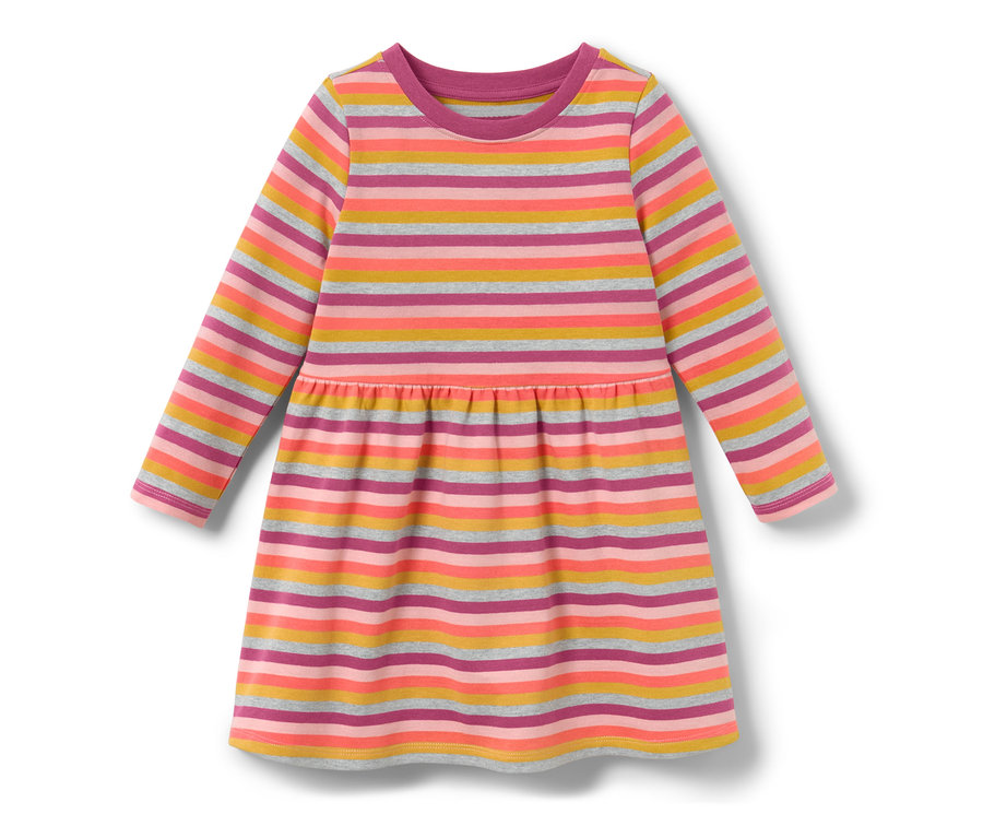 Robe en sweat pour enfant à rayures roses, orange, jaunes et grises à manches longues.