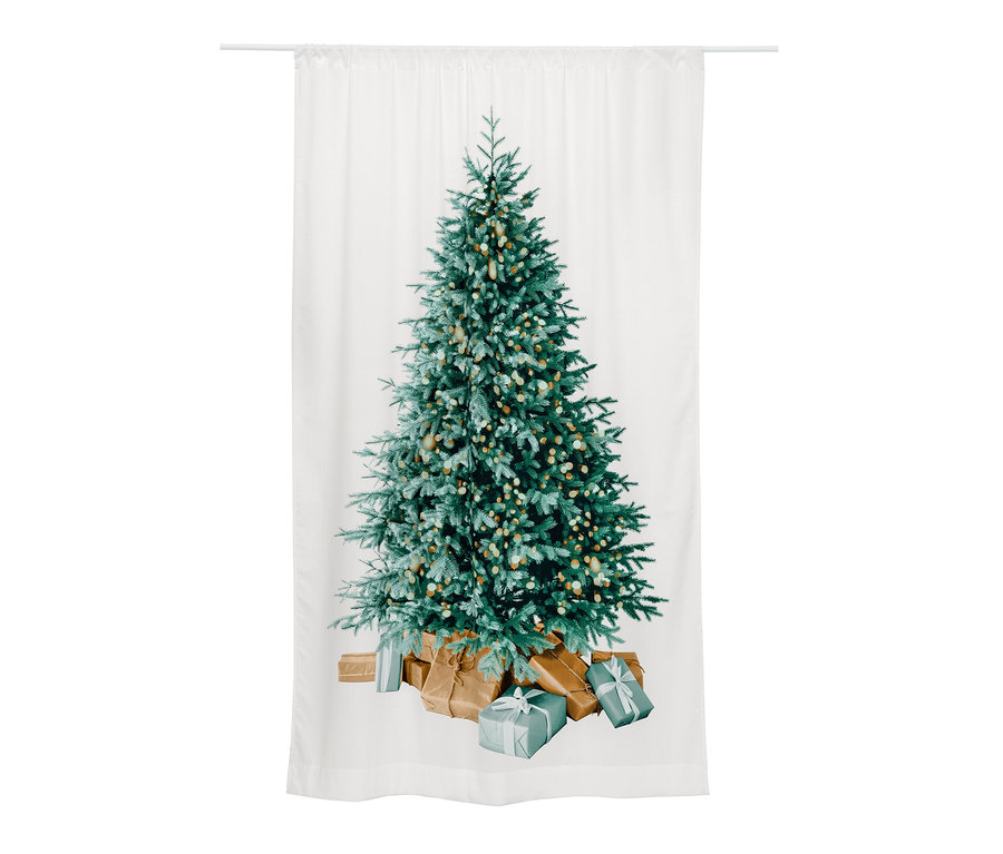Rideau avec motif d'un arbre de Noël et des cadeaux.