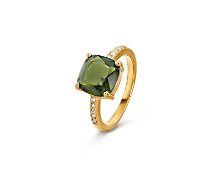 Bague Forest dorée avec cristal vert.