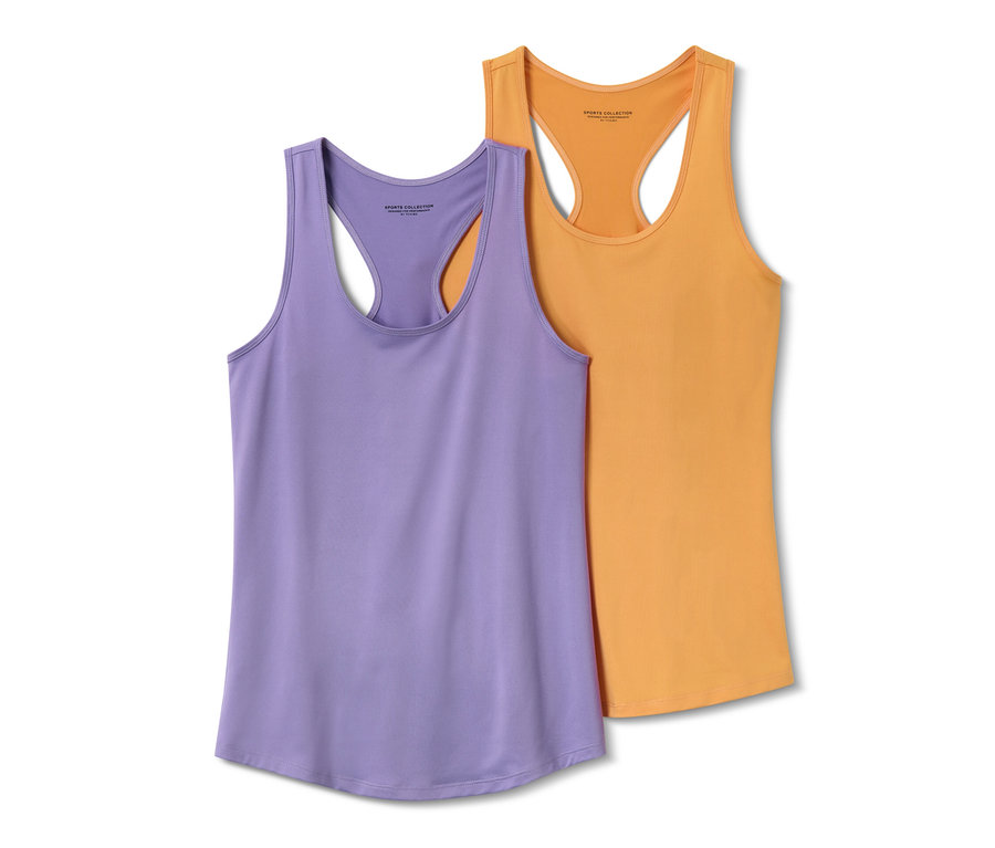Deux tops de sport, lilas et orange, côte à côte.
