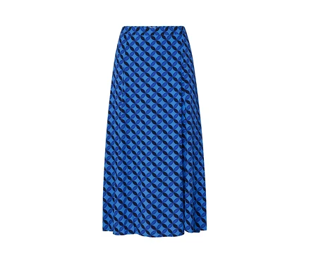 Jupe midi imprimée bleu foncé.