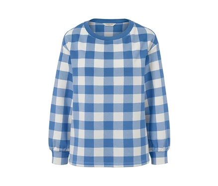 Un sweat-shirt à carreaux à manches longues bleu et blanc.