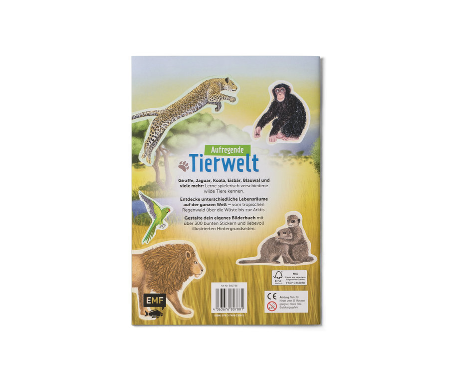 Image d'un livre d'autocollants « Faszinierende Stickerwelt – wilde Tiere » (Monde fascinant en autocollants – animaux sauvages, en allemand).