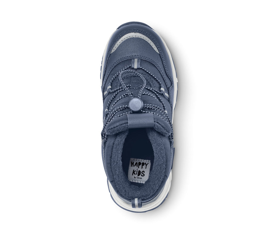 Vue détaillée de dessus de bottines thermiques bleues pour enfant.