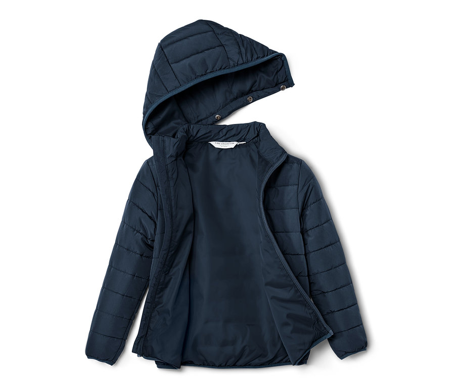 Veste matelassée bleue pour enfant ouverte et posée à plat avec capuche.