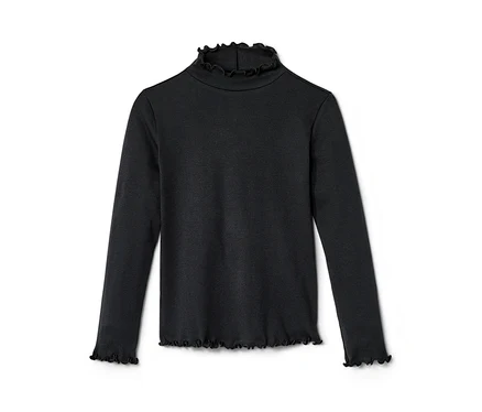 Un t-shirt manches longues noir pour enfant, posé sur un fond blanc.