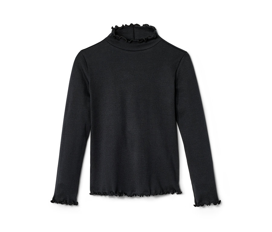 Un t-shirt manches longues noir pour enfant, posé sur un fond blanc.