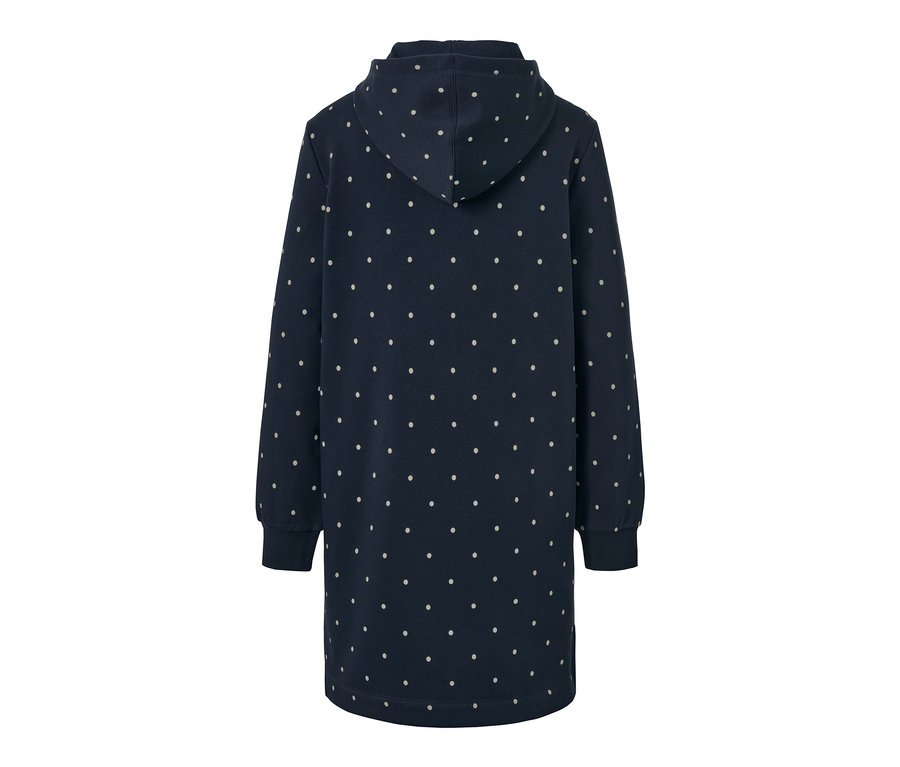 Robe d’intérieur bleu marine, à pois vue de dos avec capuche.