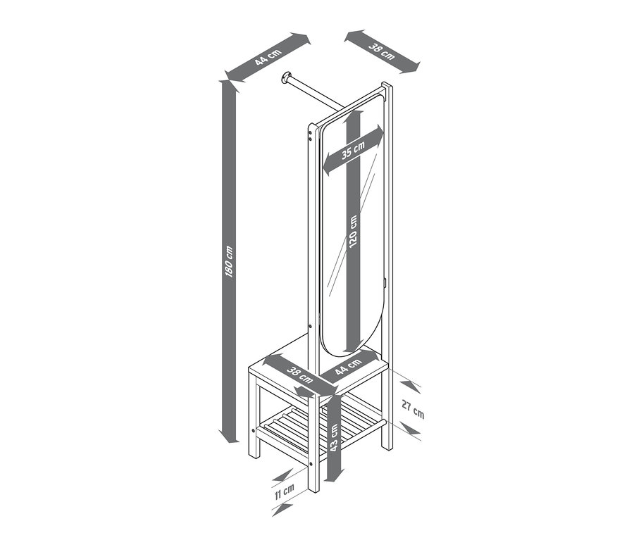 Schéma d'une armoire ouverte avec miroir et étagère avec dimensions indiquées.