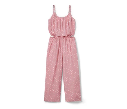 Combinaison rose tissée pour enfants, longueur 7/8, avec des pois blancs.
