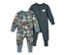 Deux pyjamas pour bébé, l'un bleu ardoise avec des motifs d'animaux et de ferme, l'autre uni avec un petit mouton.