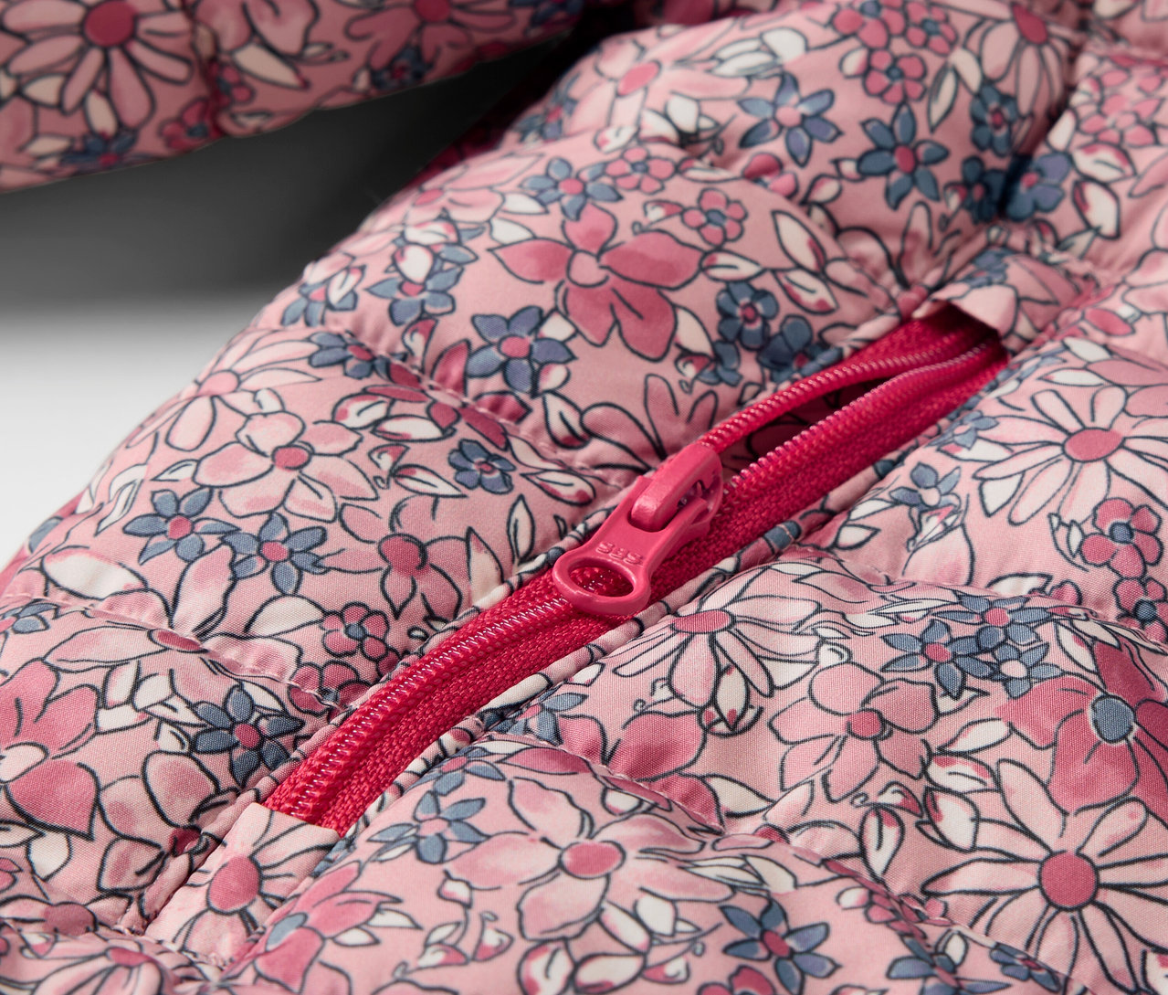 Gros plan sur un anorak matelassé pour enfants, à fleurs, avec une fermeture éclair ouverte.