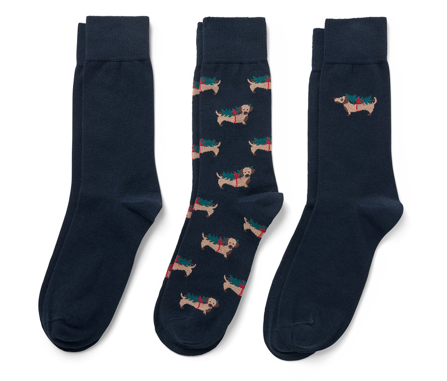 Trois paires de chaussettes bleu marine. Une paire est imprimée avec des teckels.