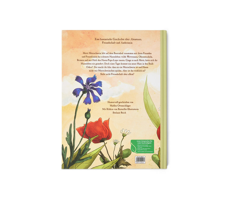 Illustration du livre « Metti, le cochon d’Inde » avec des fleurs au premier plan.