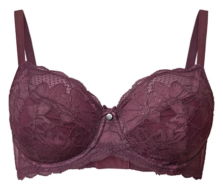 Un soutien-gorge en dentelle violette à armatures sur fond blanc.