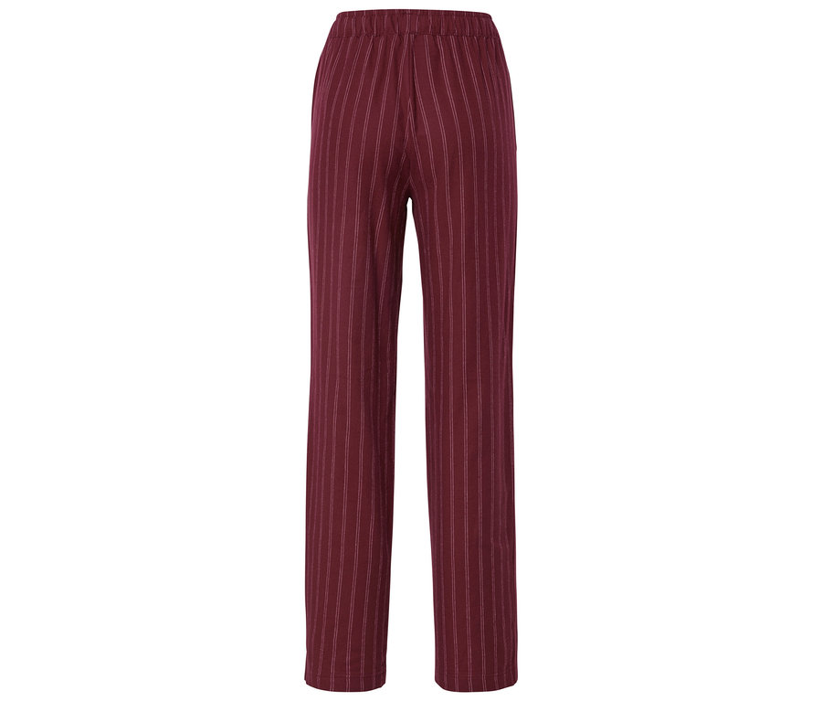 Pantalon bordeaux avec des rayures blanches.
