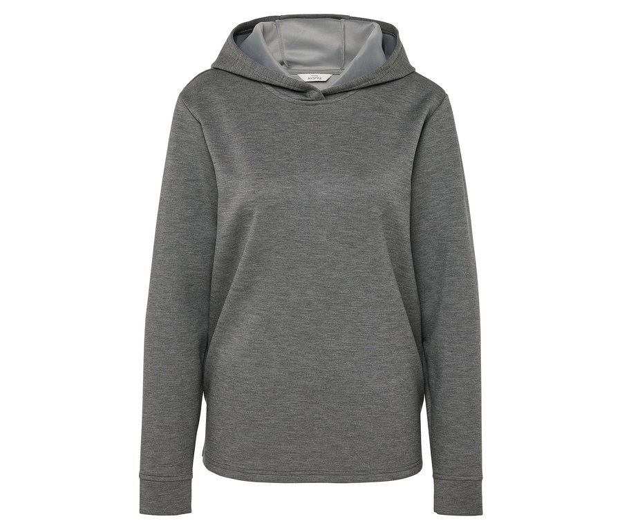 Un sweat à capuche gris sur fond blanc.