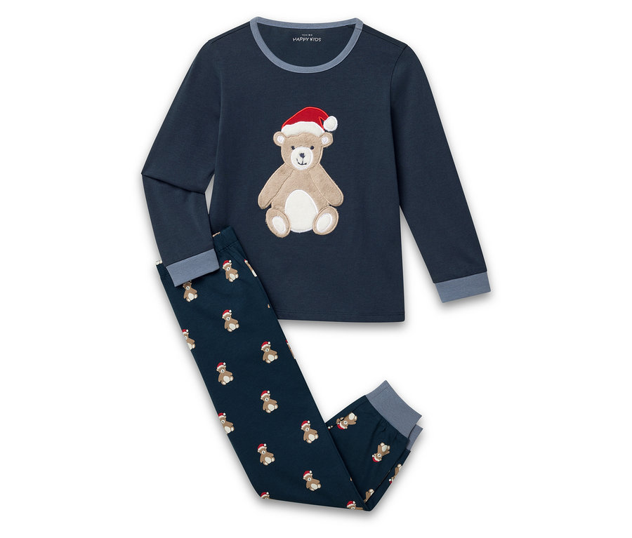 Pyjama bleu marine avec ours avec bonnet sur le haut et motif ours avec bonnet sur le pantalon.
