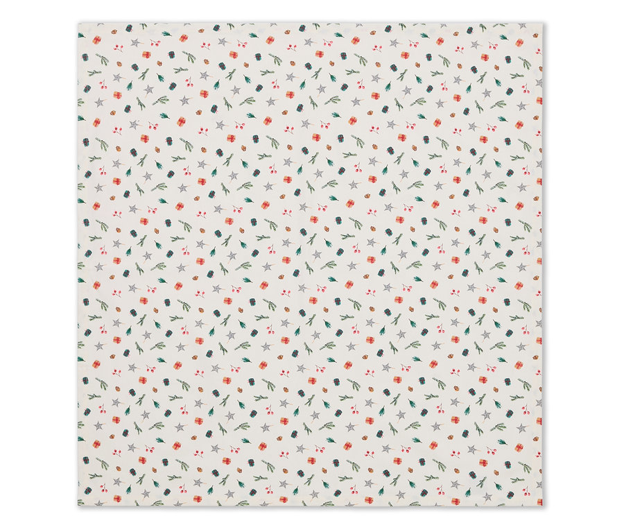 Tissu avec des motifs de Noël d'étoiles, de cadeaux, de brindilles et de baies.