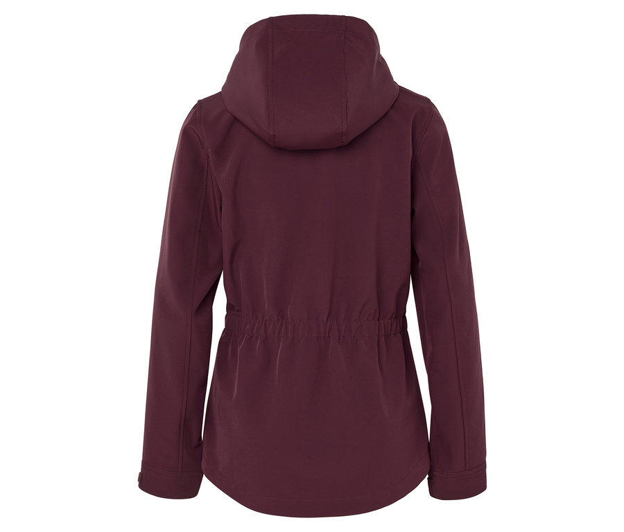Vue arrière d'une veste softshell bordeaux avec capuche et cordon de serrage à la taille.
