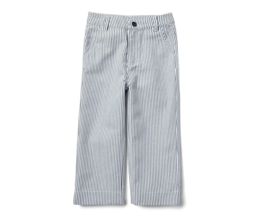 Un pantalon tissé pour enfant avec des rayures bleues verticales sur fond blanc.
