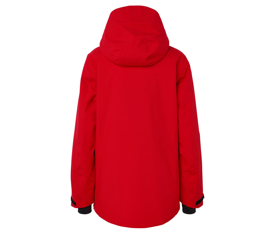 Vue arrière d'une veste rouge à capuche.