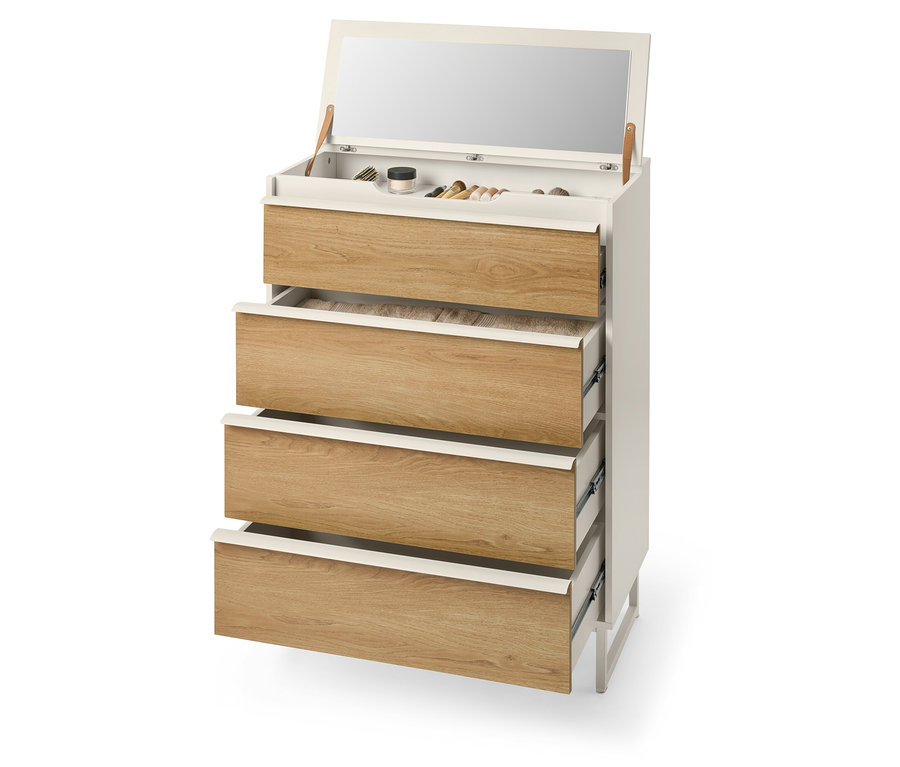 Commode à quatre tiroirs avec un dessus ouvert révélant un miroir et des cosmétiques.