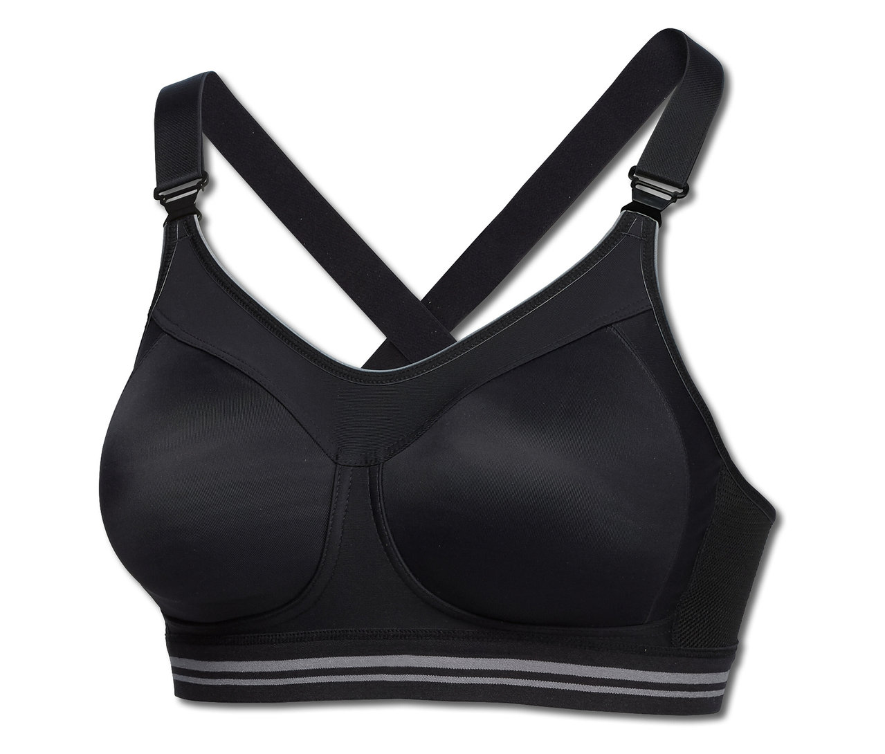 Soutien-gorge de sport noir High Impact SCHIESSER avec bretelles croisées et bande inférieure à rayures grises.