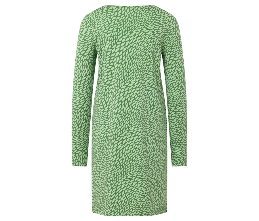 Vue arrière d'une robe verte à manches longues avec un motif de feuilles.