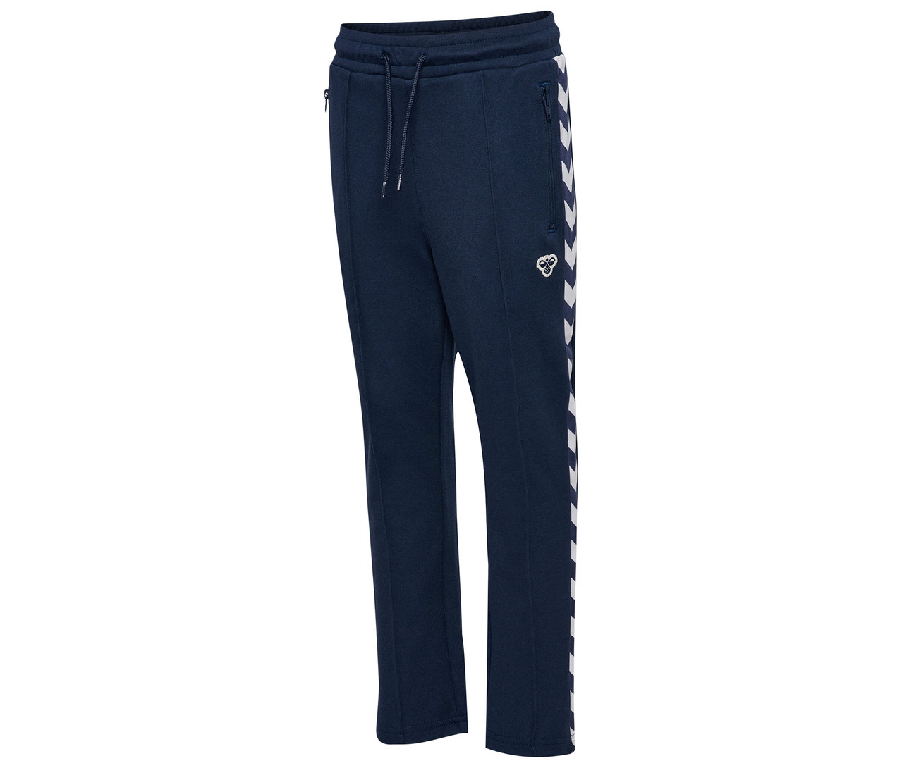 Pantalon de survêtement bleu marine HUMMEL HMLJR Archive Regular Poly Pants avec chevrons blancs sur le côté.