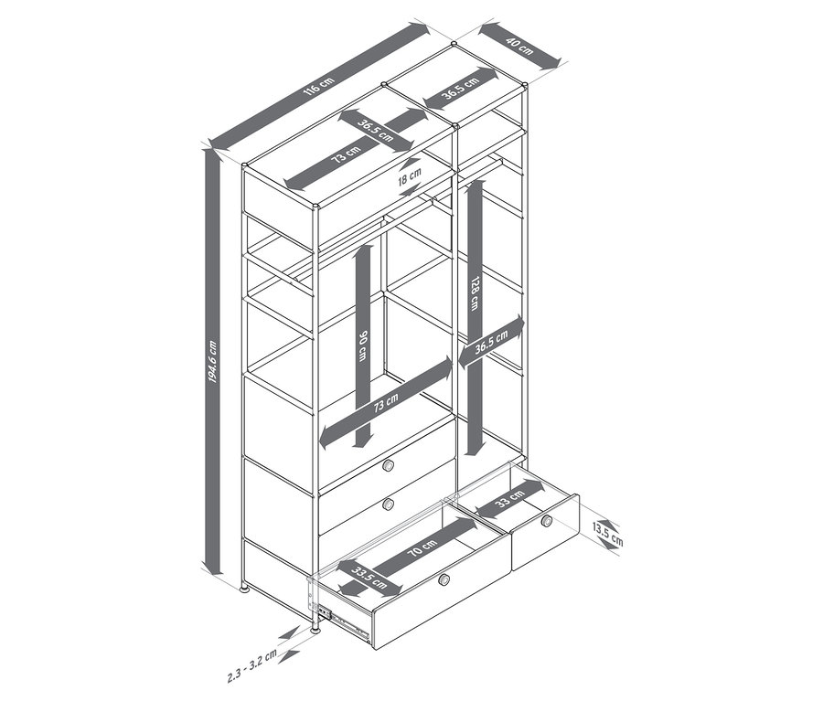 Maquette filaire d'une armoire ouverte avec étagères et tiroirs avec dimensions.