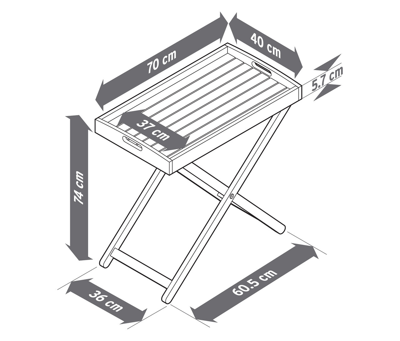 Le diagramme montre les dimensions d'une table pliante avec plateau. Les dimensions du plateau sont de 70 x 40 cm et la hauteur de la table est de 74 cm.