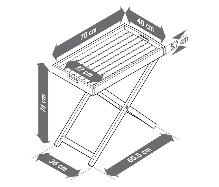 Le diagramme montre les dimensions d'une table pliante avec plateau. Les dimensions du plateau sont de 70 x 40 cm et la hauteur de la table est de 74 cm.