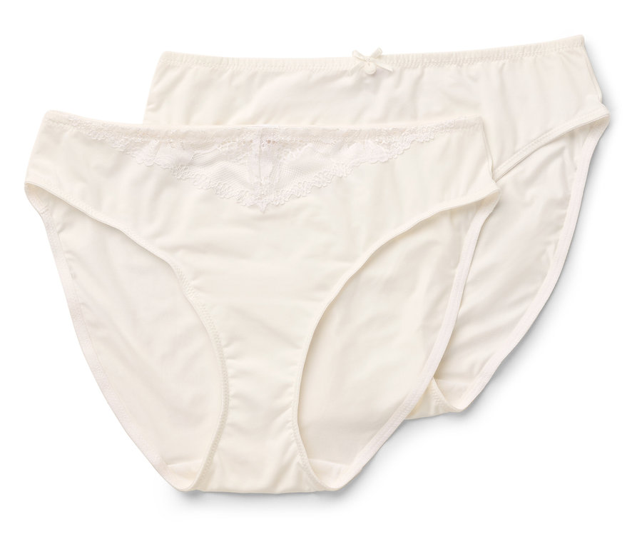 Deux culottes classiques couleur crème pour femmes avec dentelle et noeud.