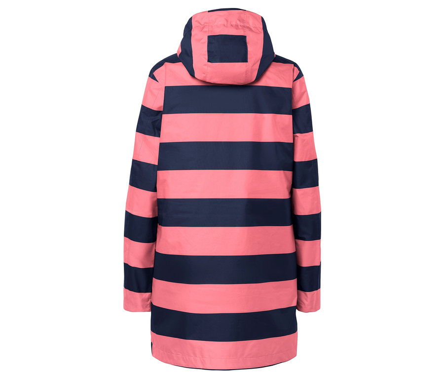 Vue arrière d'une veste rayée à capuche rose et bleu marine.