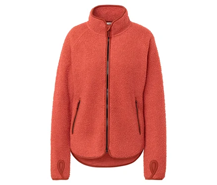 Veste orange en polaire avec fermeture éclair et poches.