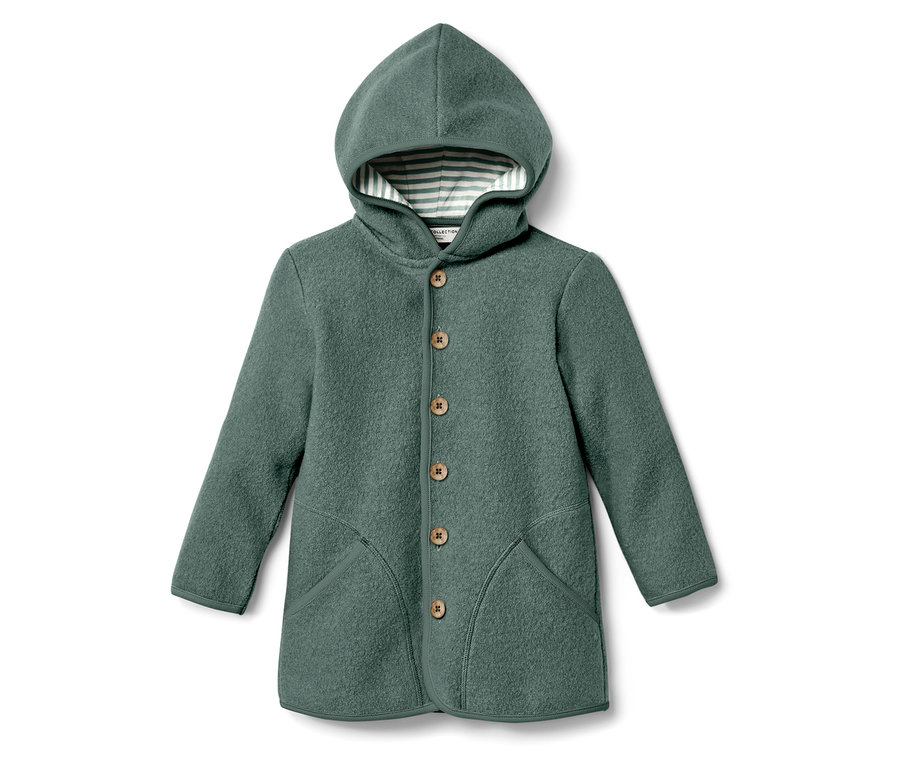 Manteau en laine vert avec capuche et boutons.