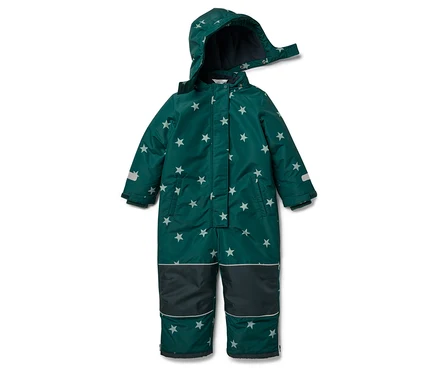 Une combinaison de ski vert foncé avec des étoiles blanches et une capuche.