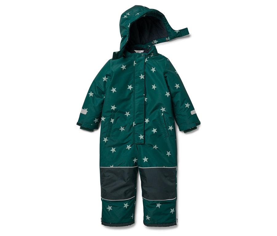 Une combinaison de ski vert foncé avec des étoiles blanches et une capuche.