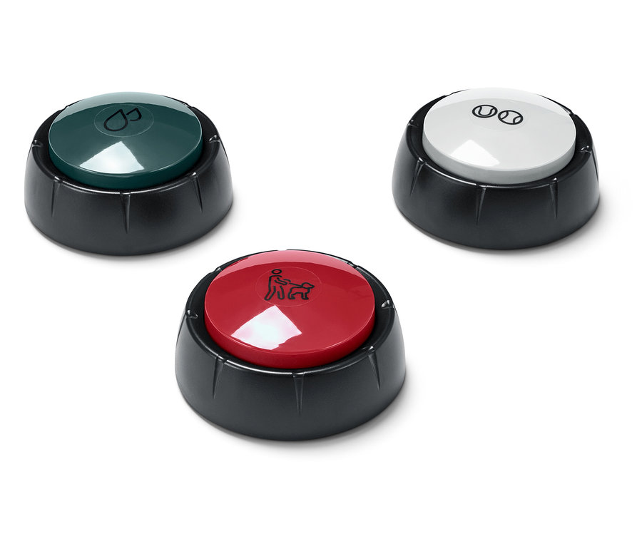 Trois boutons ronds avec différentes icônes sur fond blanc.