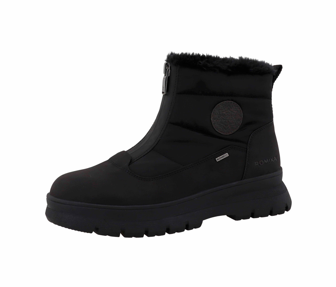 Une botte Romika noire et fourrée est posée sur un fond blanc.