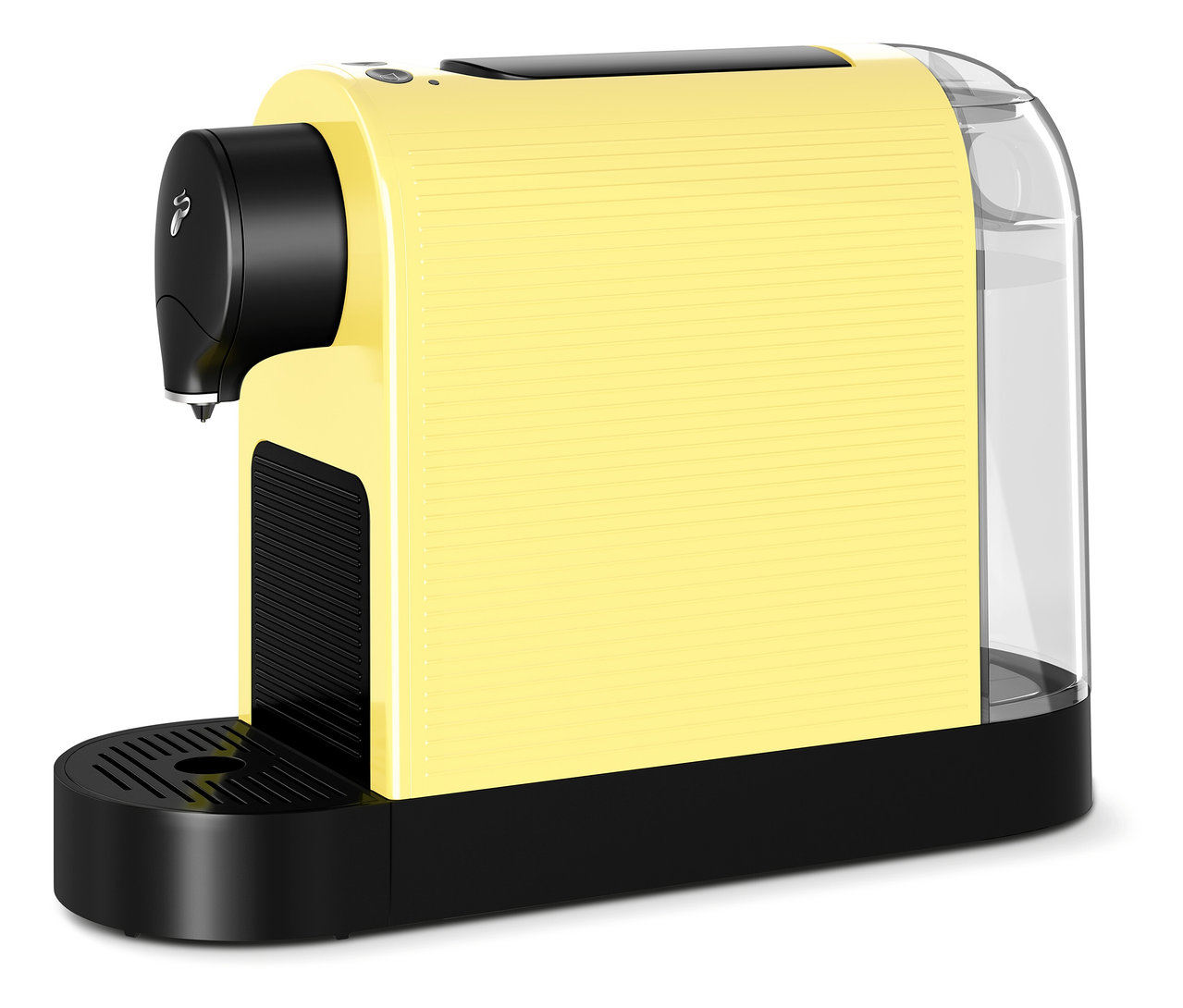 Machine à café à capsules jaune avec base noire et réservoir d'eau transparent.