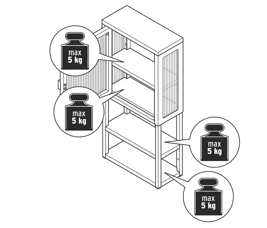 Armoire murale avec porte en verre avec une section supérieure ouverte et une limite de 5 kg par étagère.