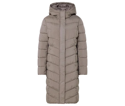 Doudoune beige matelassée avec capuche.