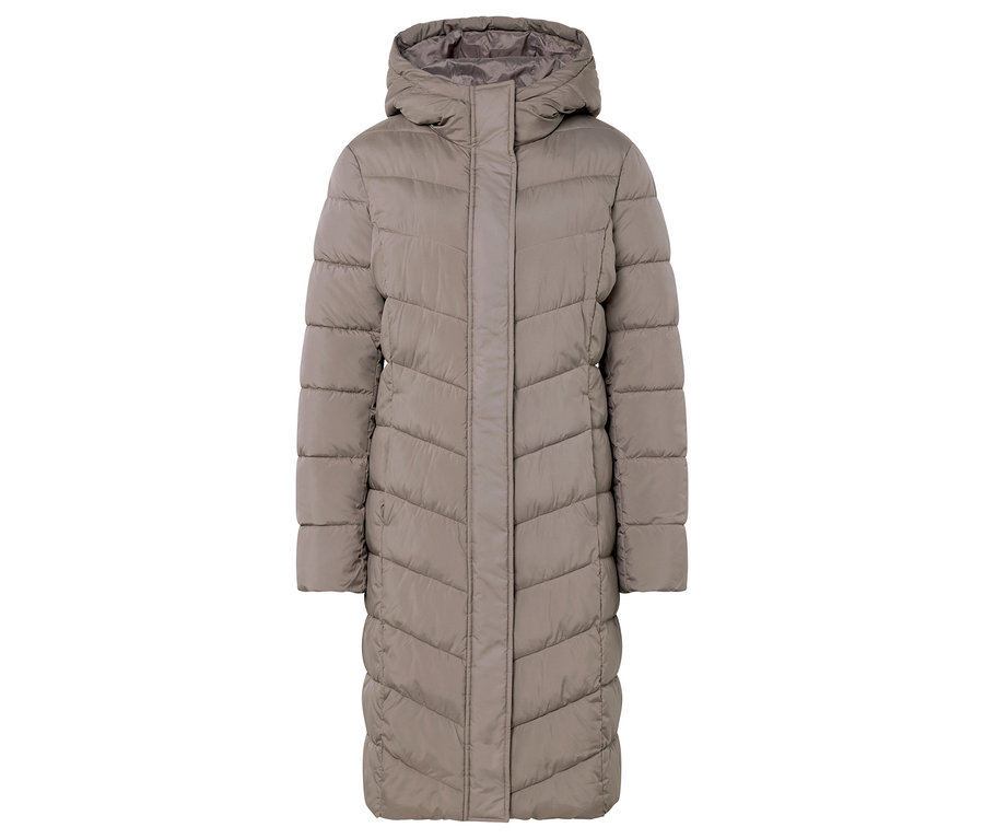 Doudoune beige matelassée avec capuche.