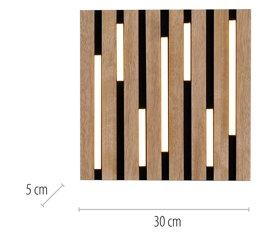 Panneau décoratif en bois avec éclairage LED, dimensions 30 x 30 cm.