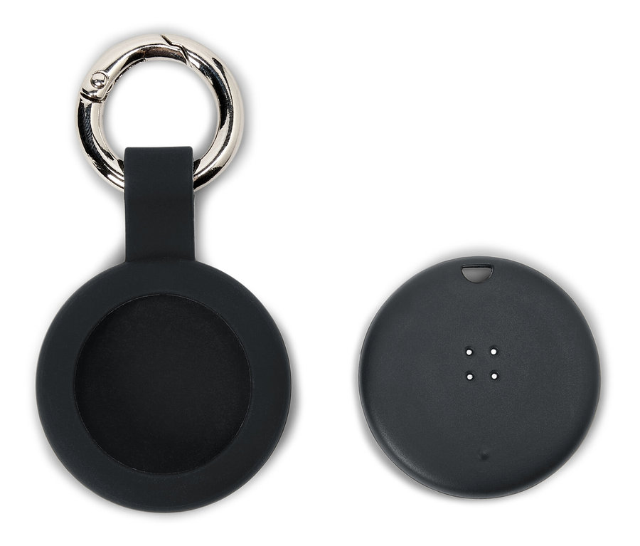 Étui en silicone noir avec mousqueton et un appareil noir sur fond blanc.