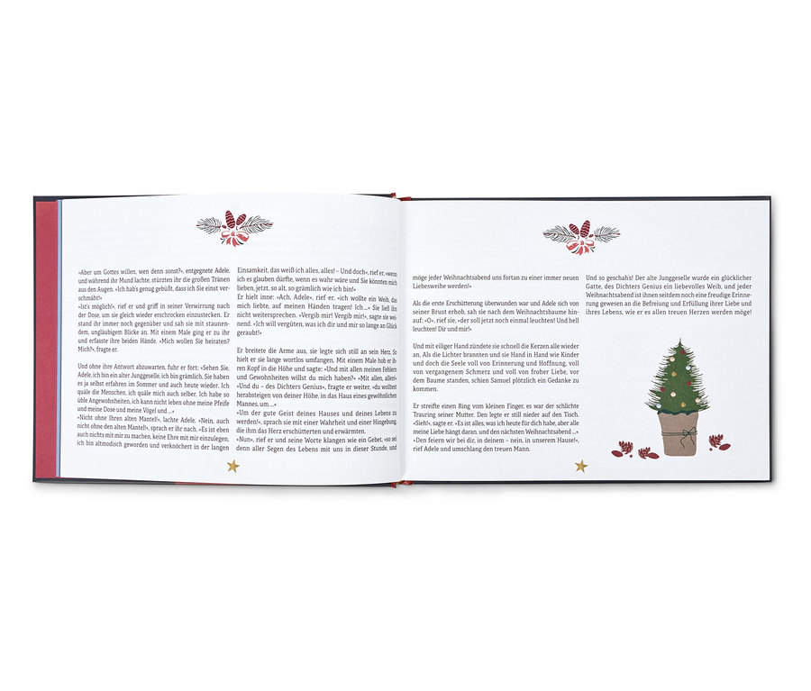 Un livre ouvert avec une illustration d'un arbre de Noël et du texte.